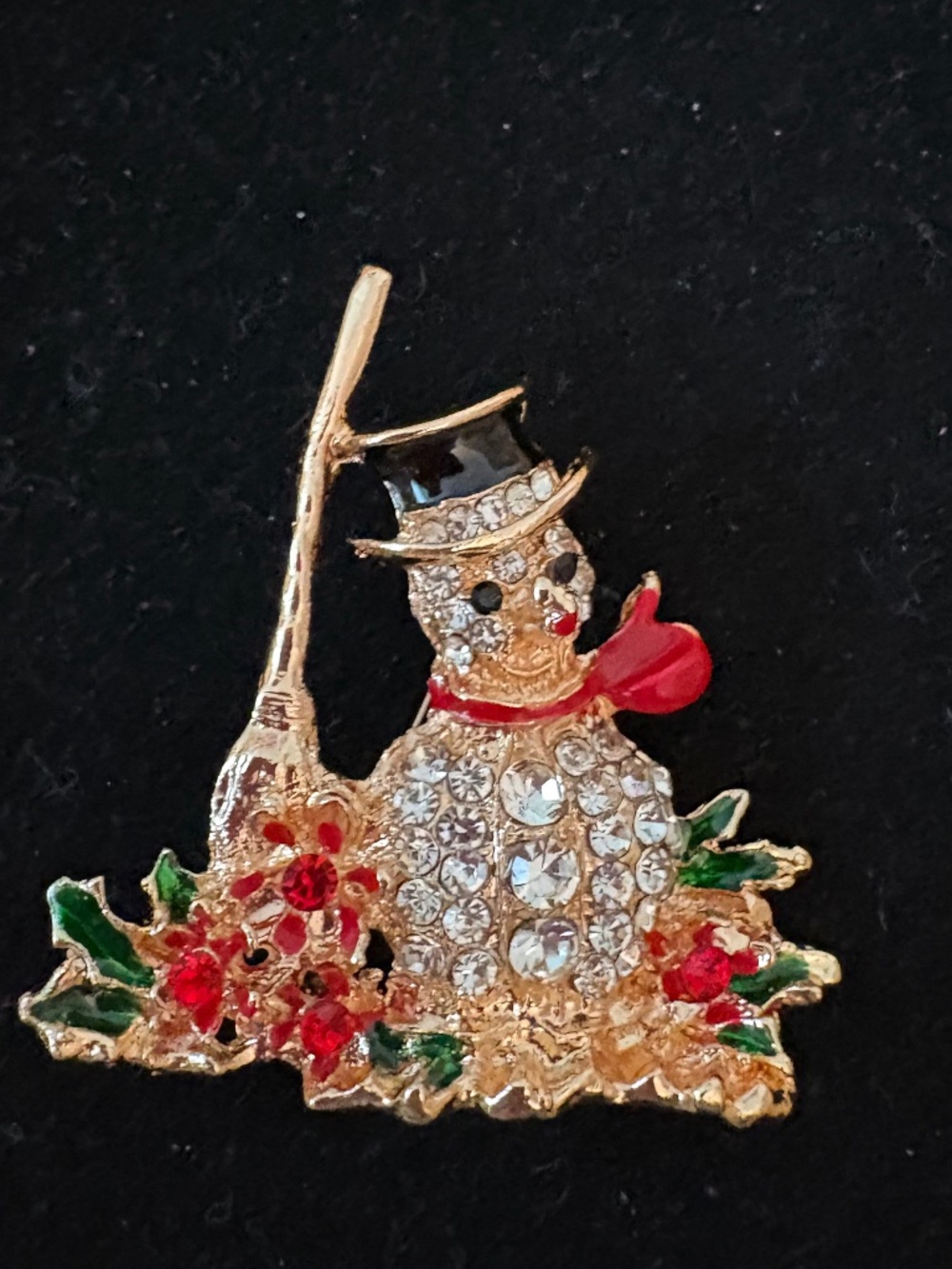 Rhinestone Snowman Christmas Brooch Gold Tone Holiday Pin